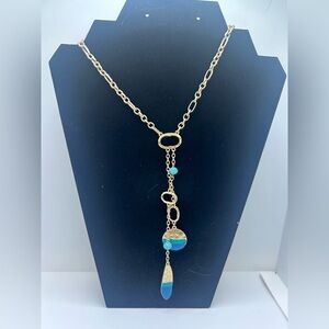 Illuminati’s gold tone chain turquoise and blue beads long drop necklace